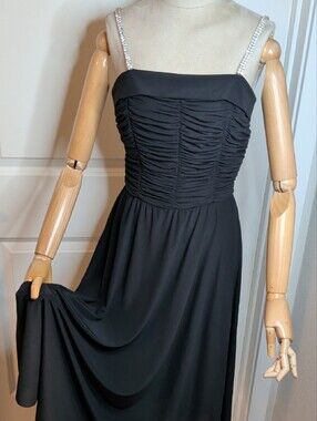 Vintage 80s Warren Petites Classic Black Dress w/ Rhinestone Straps SZ 6 Union